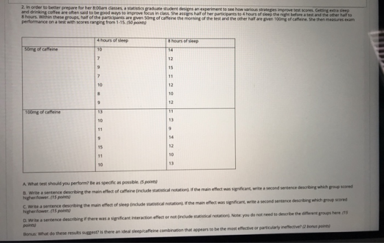 2. In order to better prepare for her 8:00am classes, a statistics graduate student designs an experiment to see how various