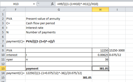 H13 fax =H9/(((1-(1+H10)^-H11))/H10) 1 2 PVA 3 c= 4 . 5 N Present value of annuity Cash flow per period Interest rate Number
