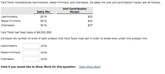 Yard Tools manufactures lawnmowers, weed-trimmers, and chainsaws. Its sales mix and unit contribution margin are as follows.