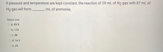 If pressure and temperature are kept constant, the reaction of 29 mL of N2 gas with 87 mL of H2 gas will form_ mL of ammonia.