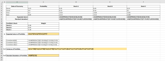 B State of Economy Probability Stock B 0.45 0.16 Boom Good Poor Bust 0.15 0.6 0.2 0.05 Stock A 0.35 0.19 -0.03 -0.13 =SUMPROD