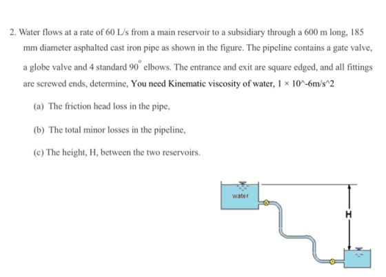 2. Water flows at a rate of 60 L/s from a main reservoir to a subsidiary through a 600 m long, 185 mm diameter asphalted cast