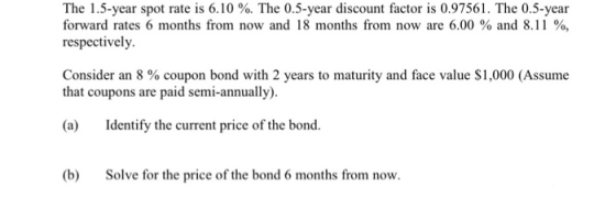The 1.5-year spot rate is 6.10 %. The 0.5-year discount factor is 0.97561. The 0.5-year forward rates 6 months from now and 1
