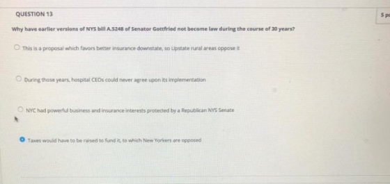 QUESTION 13 Why have earlier versions of NYs bill A.5248 of Senator Gottfried not become law during the course of 30 years? T