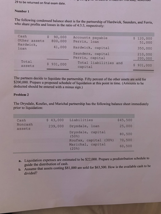 29 to be returned on final exam date. Number 1 The following condensed balance sheet is for the partnership of Hardwick, Saun