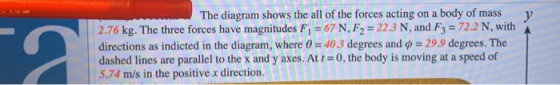 у The diagram shows the all of the forces acting on a body of mass 2.76 kg. The three forces have magnitudes F1 = 67 N, F2 =