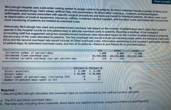 Check my work maken McCullough Hospital uses a job-order costing system to assign costs to its patients. Its direct materials