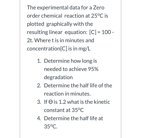 The experimental data for a Zero order chemical reaction at 25°C is plotted graphically with the resulting linear equation: [