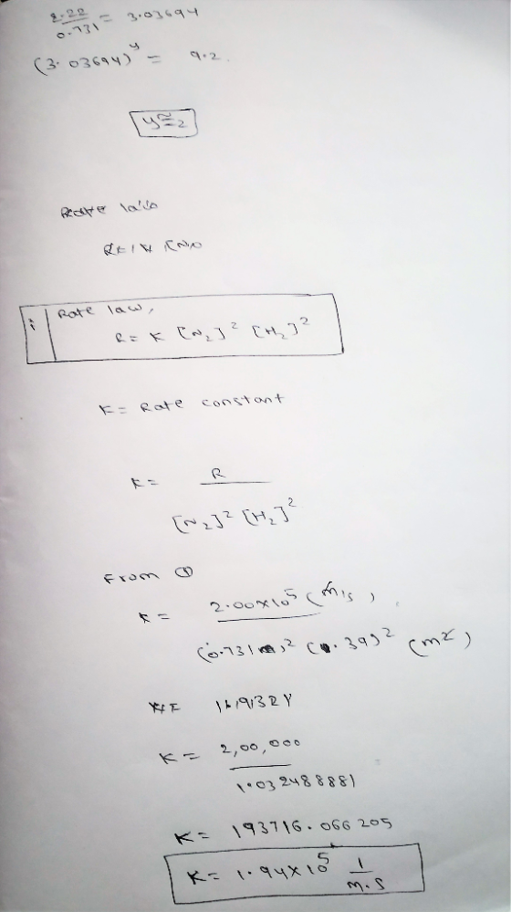 9.2.2 = 3.03694 (3-03694)= 92 Reater lain REIN [no I rate law, bak[a] ² [H]² F= Rate constant [~23² [H₂J² from @ (61131 091?