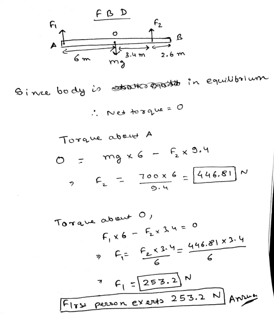 Ев Helv 3.4m 2.6 m mg stored and in equilibrium 1. Since body is .. Net torque =0 A Torque about o= mg x 6 - f x 9.4 F = 700x