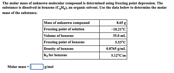 The molar mass of unknown molecular compound is determined using freezing point depression. The substance is dissolved in ben