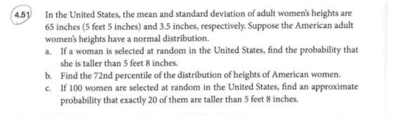451 In the United States, the mean and standard deviation of adult womens heights are 65 inches (5 feet 5 inches) and 3.5 in