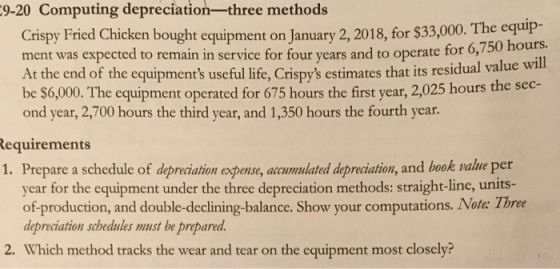 9-20 Computing depreciation-three methods Crispy Fried Chicken bought equipment on January 2, 2018, for $33,000. The equip- m