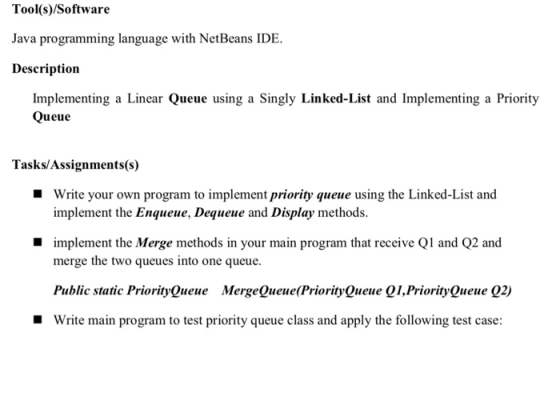 Tool(s)/Software Java programming language with NetBeans IDE. Description Implementing a Linear Queue using a Singly Linked-L