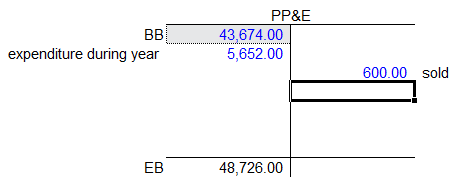 BB expenditure during year PP&E 43,674.00 5,652.00 600.00 sold EB 48,726.00
