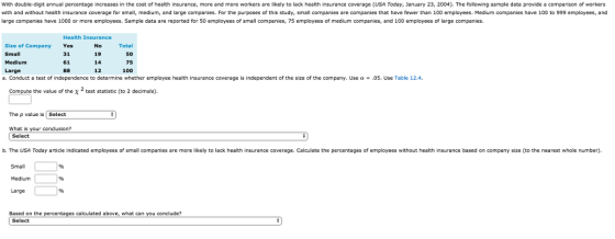 With double-digit annual percentage increases in the cost of health insurance, more and more workers are likely to lack health insurance coverage (USA Today, January 23, 2004). The following sample data provide a comparison of workers with and without health insurance coverage for small, medium, and large companies. For the purposes of this study, small companies are companies that have fewer than 100 employees. Medium companies have 100 to 999 employees, and large companies have 1000 or more employees. Sample data are reported for 50 employees of small companies, 75 employees of medium companies, and 100 employees of large companies. Size of Company Small Medium Large Health Insurance Yes 31 61 No 19 14 12 Total 50 75 100 a. Conduct a test of independence to determine whether employee health insurance coverage is independent of the size of the company. Use α = .05. Use Table 12.4. Compute the value of the χ test statistic (to 2 decimals). The p value is Select What is your conclusion? Select b. The USA Today article indicated employees of small companies are more likely to lack health insurance coverage. Calculate the percentages of employees without health insurance based on company size (to the nearest whole number). Small Medium Large Based on the Select s calculated above, what can you conclude?
