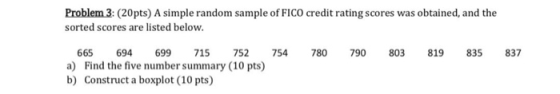 Problem 3: (20pts) A simple random sample of FICO credit rating scores was obtained, and the sorted scores are listed below.