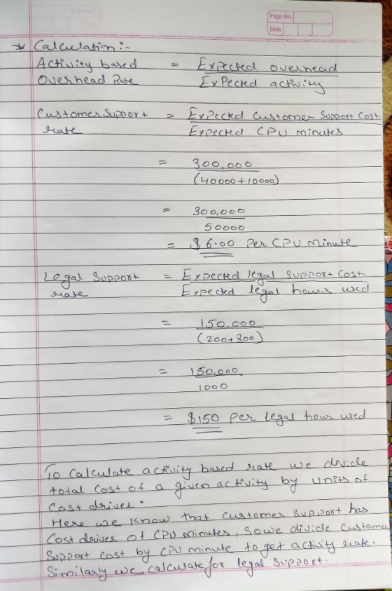 Page No. Delo Calculation in Activity based Overhead Rate = Expected Expected overhead activity - Customer Support late Expec