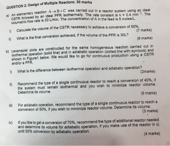QUESTION 2: Design of Multiple Reactors: 30 marks B +C was a a) An elementary reaction A reaction A B +C was carried out in a