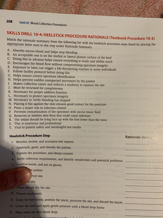 208 Unit III Blood Collection Procedures SKILLS DRILL 10-4: HEELSTICK PROCEDURE RATIONALE (Textbook Procedure 10-2) Match the