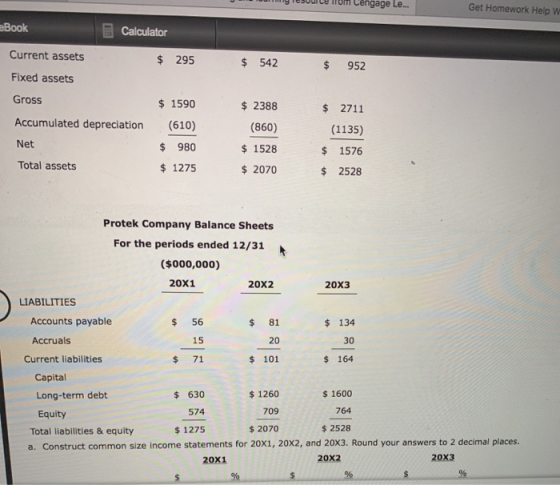 Cengage Le. Get Homework Help W eBook E Calculator Current assets $ 295 $ 542 $ 952 Fixed assets Gross $ 1590 $ 2388 $ 2711 A