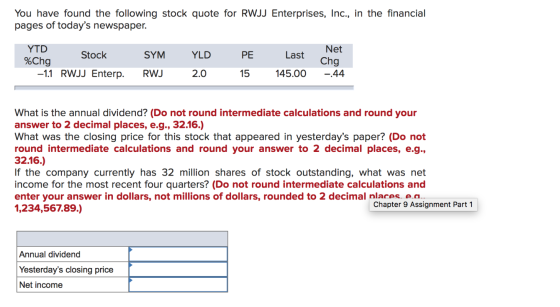 You have found the following stock quote for RWJJ Enterprises, Inc., in the financial pages of todays newspaper. YTD Stock %