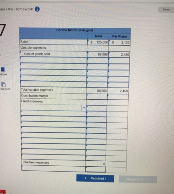 Saved ter One Homework A For the Month of August Total 125,000 Per Piano $ 3,125 $ Sales Variable expenses Cost of goods sold