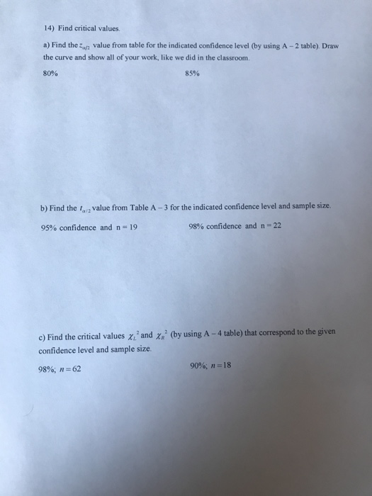 14) Find critical values. a) Find the value from table for the indicated confidence level (by using A-2 table). Draw the curv