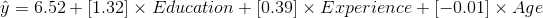 y = 6.52+ (1.32 x Education + 0.39 x Experience +/-0.01] x Age