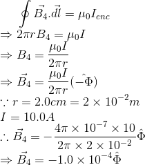 $ Ba.di = uolenc → 2r B4 = lol > BI = 0 = B = (一) r = 2.0cm = 2x 10-Pm I = 10.04 4 x 10-7x10. 20x2x 10-2 B4 = -1.0 x 10-0