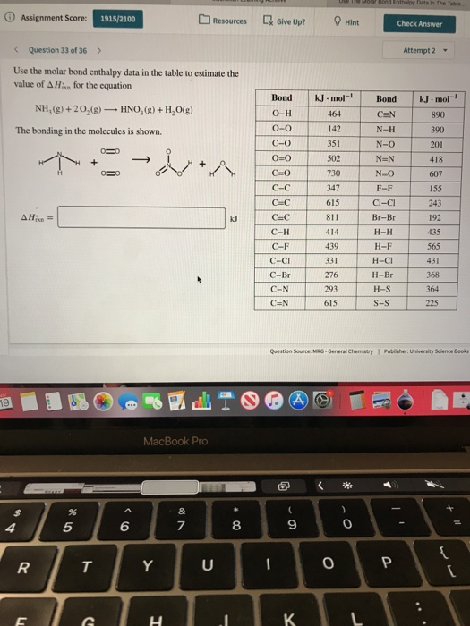 U n d Inthalpy baton The Table Assignment Score: 1915/2100 Resources (Give Up? Mint Check Answer < Question 33 of 36 > Attemp