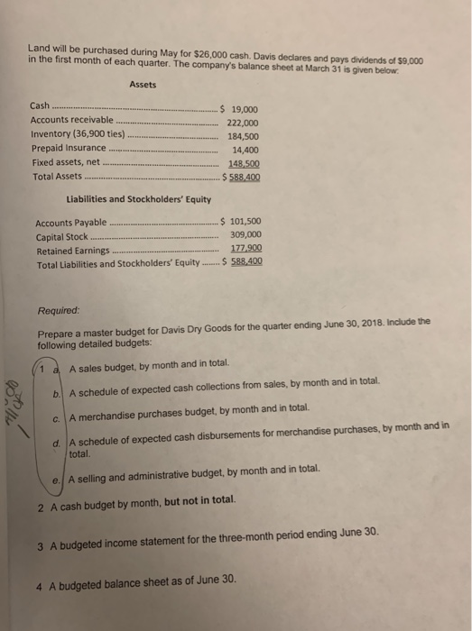 Land will be purchased during May for $26,000 cash. Davis declares and pays dividends of $9,000 in the first month of each qu