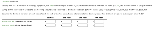 Dividends Per Share Seventy-Two Inc., a developer of radiology equipment, has stock outstanding as follows: 70,000 shares of