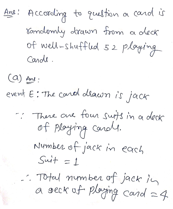 Ans! According to question a cand is randomly drawn from a deck of well-shuffled 52 playing cards. (a) Ans event E: The cand