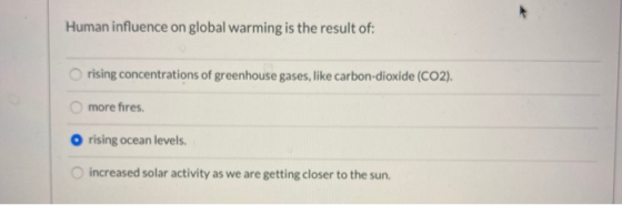 Human influence on global warming is the result of: rising concentrations of greenhouse gases, like carbon dioxide (CO2). mor
