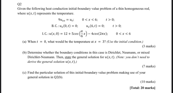 Q2 Given the following heat conduction initial-boundary value problem of a thin homogeneous rod, where u(x, t) represents the