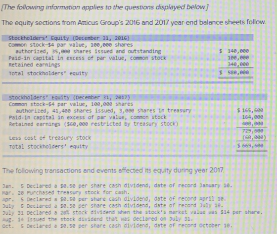 The following information applies to the questions displayed below. The equity sections from Atticus Groups 2016 and 2017 ye