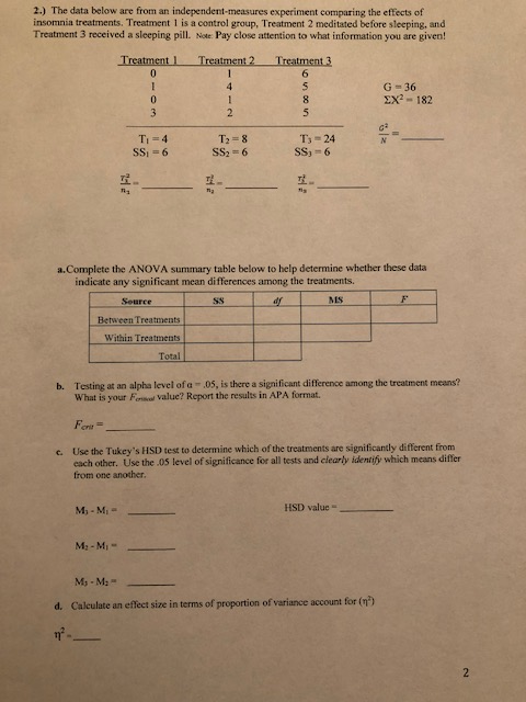 2.) The data below are from an independent-measures experiment comparing the effects of insomnia treatments. Treatment 1 is a control group, Treatment 2 meditated before sleeping, and Treatment 3 received a sleeping pill. Note Pay close attention to what information you are given! Treatment1 Treatment 2 Treatment 3 6 G-36 T2 = 8 SS2 -6 Ts = 24 SS-6 SS: = 6 a.Complete the ANOVA summary table below to help determine whether these data indicate any significant mean differences among the treatments. ss MS Source Between Treatments Within Treatments Total b. Testing at an alpha level of a 05, is there a significant difference among the treatment means? What is your Fonsol value? Report the results in APA format. Foni- c. Use the Tukeys HSD test to determine which of the treatments are significantdly different from each other. Use the .0S level of significance for all tests and clearly identify which means differ from one another. HSD value- d. Calculate an effect size in terms of proportion of variance account for (n