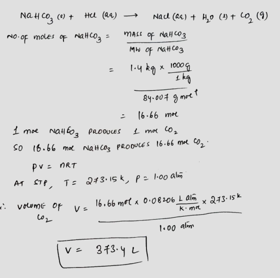 NA HCO3 () + Hel (aa) NO. OF moles of NaHCO3 = - Nace (aq) + H2O (1) + CO. (9) mass of wallco 3 Mw of Natco3 14 kq x 1000g =