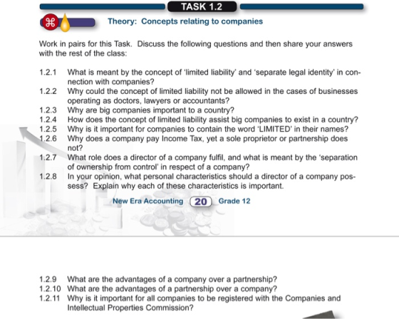 TASK 1.2 Theory: Concepts relating to companies Work in pairs for this Task. Discuss the following questions and then share your answers with the rest of the class 1.2.1 What is meant by the concept of limited liability and separate legal identity in con- nection with companies? Why could the concept of limited liability not be allowed in the cases of businesses operating as doctors, lawyers or accountants? 1.2.2 1.2.3 Why are big companies important to a country? 12.4 How does the concept of limited liability assist big companies to exist in a country? 1.2.5 Why is it important for companies to contain the word LIMITED in their names? 1.2.6 Why does a company pay Income Tax, yet a sole proprietor or partnership does not? of ownership from control in respect of a company? sess? Explain why each of these characteristics is important. 1.2.7 What role does a director of a company fulfil, and what is meant by the separation 1.2.8 In your opinion, what personal characteristics should a director of a company pos- New Era Accounting 20 Grade 12 1.2.9 What are the advantages of a company over a partnership? 1.2.10 What are the advantages of a partnership over a company? 1.2.11 Why is it important for all companies to be registered with the Companies and Intellectual Properties Commission?