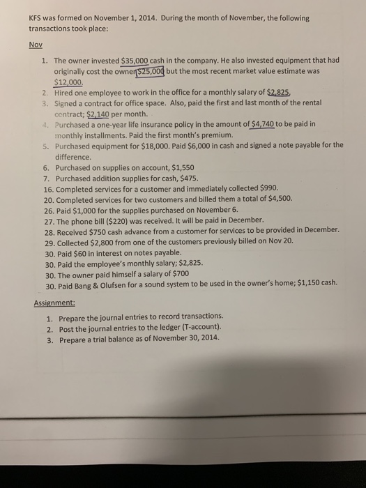 KFS was formed on November 1, 2014. During the month of November, the following transactions took place: Nov 1. The owner inv