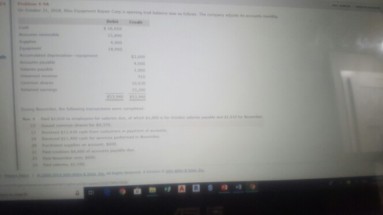 s Problem 4 9A On Oitober 31, 2018, Alou Equigpment Repar Corps opening trial balance was an folows. The compuny adyjsts is accousts monthy Debit Credit Cash Accounts receivable Supplies s16,050 15,890 4,000 18,000 x Accumulated depreciation-equipmert 3,600 ,600 1,000 Accounts payable Salanes payable Uncarned revenue Common shares Retsned earnings 19,630 53,940 $53,90 Ouring November, the following transactions were coempleted Now 9 ad $2.010 to employees for salaries due, of whirh 1,00 s er octmber salres avable and $,010 for Nowember 3 Issued common shares for $4,370 13 Redeived 312,430 cash from customers in payment of accounts 19 Received 11,400 cash for services performed in Novumber 2 Purchased supplies on account,$600 1 Paid credtors $4,5o0 of accounts payable ue 23 Paid Nowember rent, 5600 Pad sen $2,500