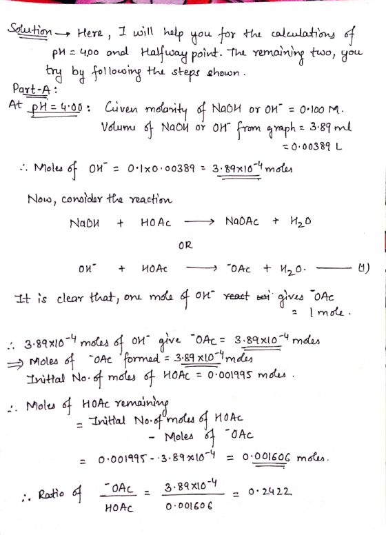 Solution Here, I will help you for the calculations of pH = 400 and Halfway point. The remaining two you try by following the