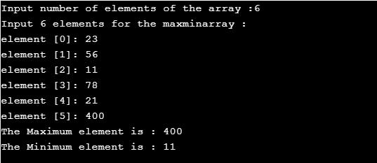 : Input number of elements of the array : 6 Input 6 elements for the maxminarray : element [0] : 23 element [1]: 56 element [