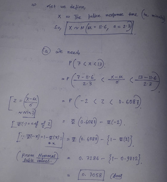 → Let ue dedine, x = The police response time (in minutes n so, / X ~ N(M = 11:6, 8 = 2.31 7 X- P 13 > -11.6 2.3 -11-6 2.3 @