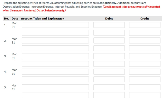 Prepare the adjusting entries at March 31, assuming that adjusting entries are made quarterly. Additional accounts are Deprec