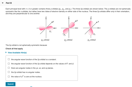 Part B Each principal level with n= 2 or greater contains three p orbitals (pz, Py, and p:). The three 2p orbitals are shown