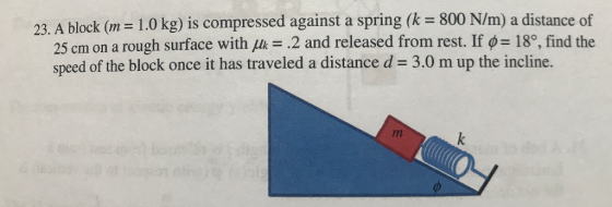 23. A block (m = 1.0 kg) is compressed against a spring (k = 800 N/m) a distance of 25 cm on a rough surface with uk = 2 and