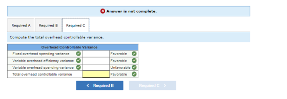 Answer is not complete. Required A Required B Required Compute the total overhead controllable variance. Overhead Controllabl