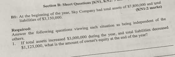 Section B: Short Questions [KNI, KNI! B1: At the beginning of the year, Sky Company had total assets of $7,800,000 and total